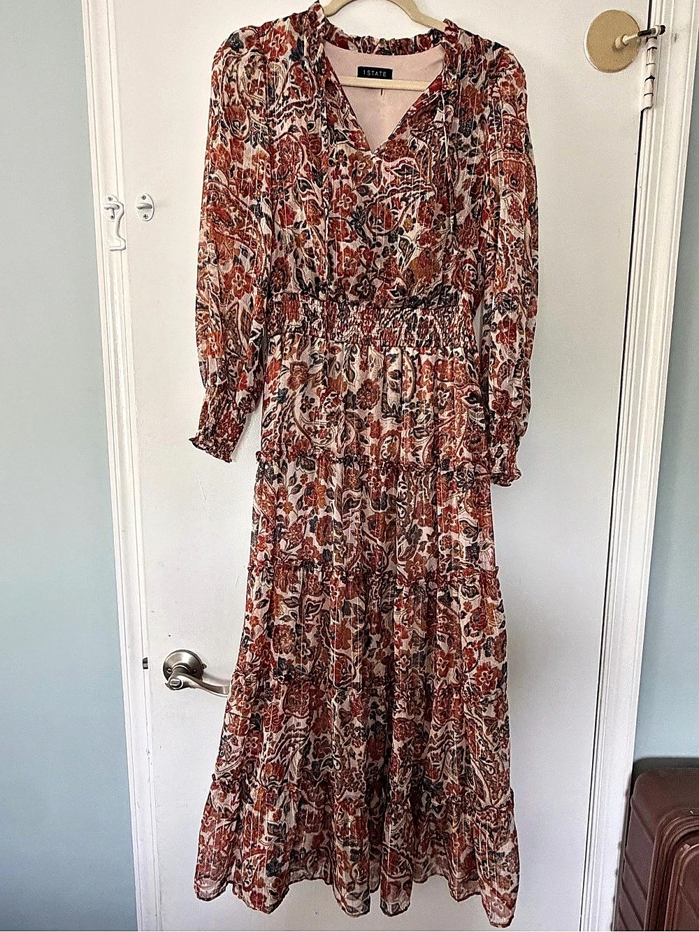1.STATE Lyrical Paisley Tiered Ruffle Dress Red & Cream size M